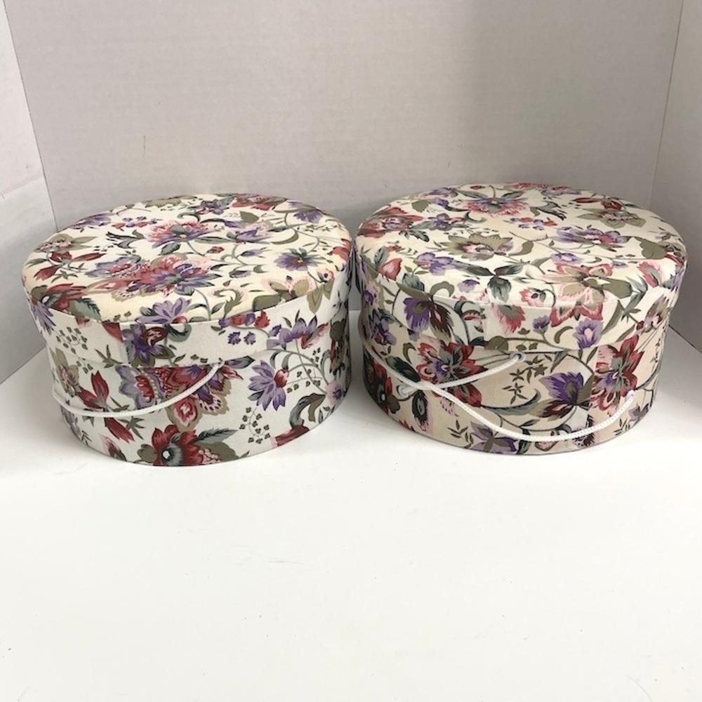Vtg Floral Fabric Hat Boxes Set of 2 Round Storage Containers Shabby Chic 7.5"